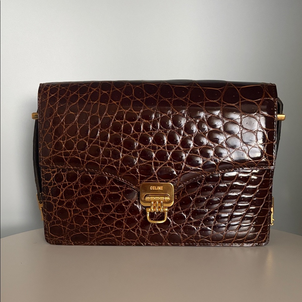 Vintage Celine Triomphe Dark Brown Nikoticus Crocodile-Embossed Messenger Bag